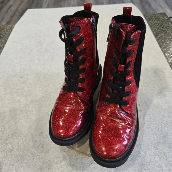 🐢 Sam Edelman Kids Lydell Boots Size 2 Sparkly Red Combat Boots!