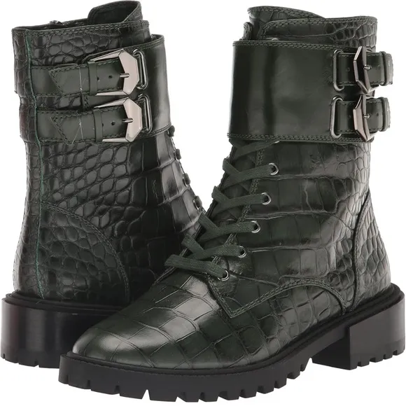 2 Vince Camuto black &amp; green Fawdry Toe Stacked Heel Leather Combat Boots 5.5