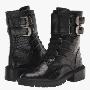 2 Vince Camuto black &amp; green Fawdry Toe Stacked Heel Leather Combat Boots 5.5