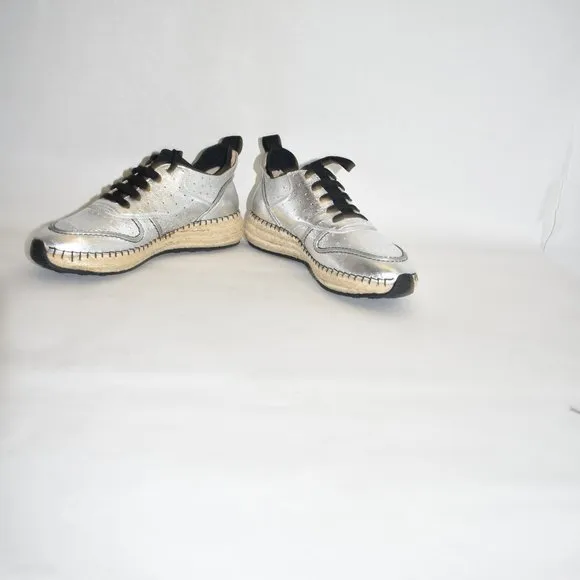 $800 TOD'S WOMAN SNEAKER SOFT LEATHER METALLIC SILVER ESPADRILLE LACE 37 (D10)