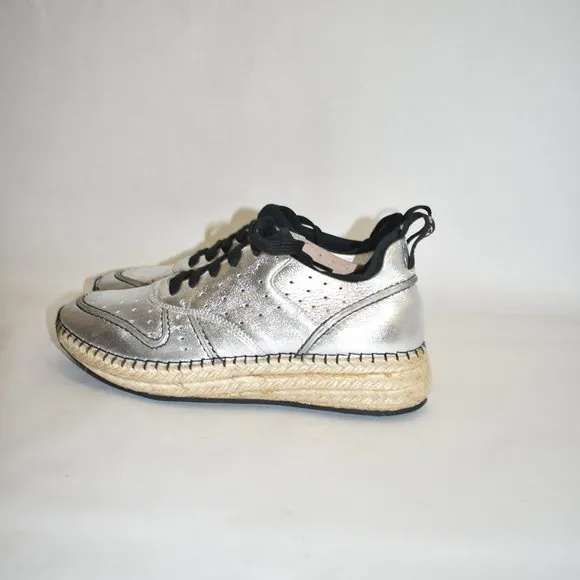 $800 TOD'S WOMAN SNEAKER SOFT LEATHER METALLIC SILVER ESPADRILLE LACE 37 (D10)