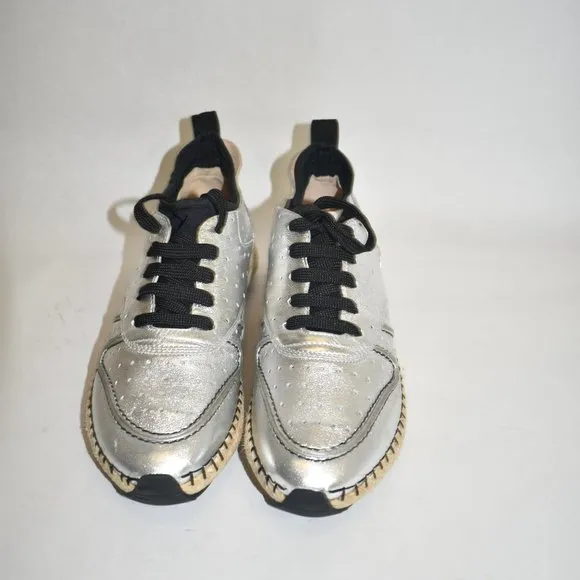 $800 TOD'S WOMAN SNEAKER SOFT LEATHER METALLIC SILVER ESPADRILLE LACE 37 (D10)
