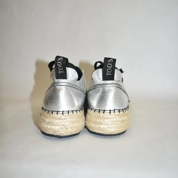 $800 TOD'S WOMAN SNEAKER SOFT LEATHER METALLIC SILVER ESPADRILLE LACE 37 (D10)