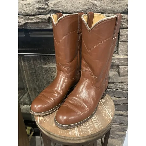 90s Justin Roper Womens 5.5C Brown Leather Cowboy Western Boots L3756 Cognac Vtg