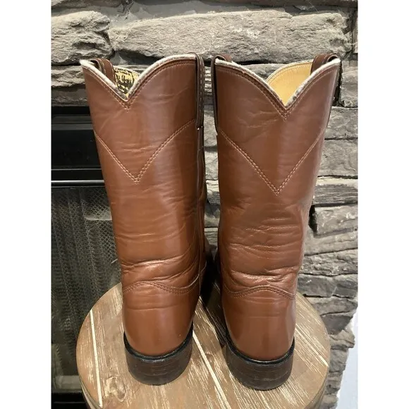 90s Justin Roper Womens 5.5C Brown Leather Cowboy Western Boots L3756 Cognac Vtg