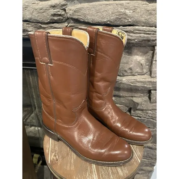 90s Justin Roper Womens 5.5C Brown Leather Cowboy Western Boots L3756 Cognac Vtg