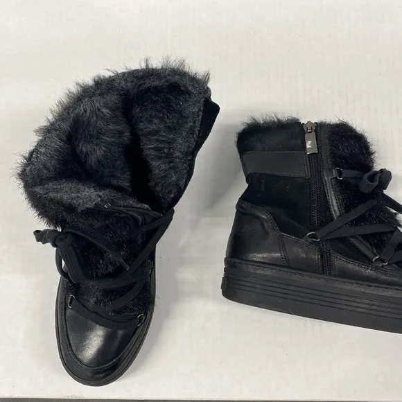 A&amp;M Italy Black leather suede &amp; fur platform boots handcrafted CGUC Size 38