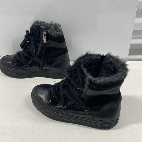 A&amp;M Italy Black leather suede &amp; fur platform boots handcrafted CGUC Size 38