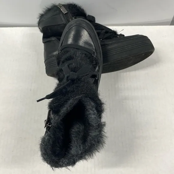 A&amp;M Italy Black leather suede &amp; fur platform boots handcrafted CGUC Size 38