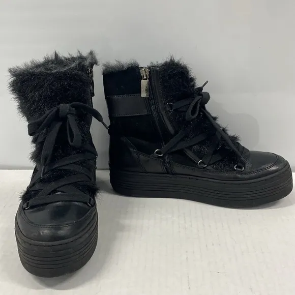 A&amp;M Italy Black leather suede &amp; fur platform boots handcrafted CGUC Size 38