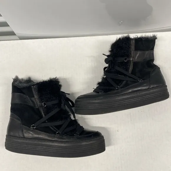 A&amp;M Italy Black leather suede &amp; fur platform boots handcrafted CGUC Size 38