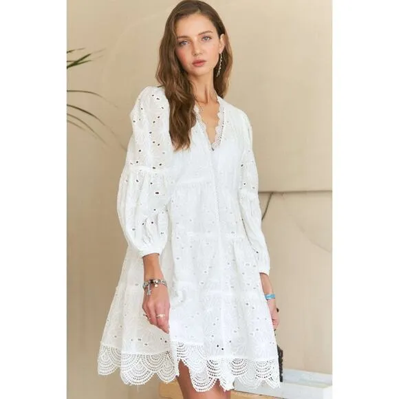 ❤️ADORA Lace Detail Tiered Eyelet V-Neck 3/4 Sleeves Babydoll Mini Dress | White
