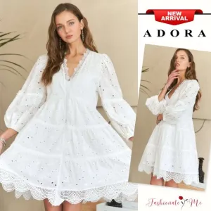 ❤️ADORA Lace Detail Tiered Eyelet V-Neck 3/4 Sleeves Babydoll Mini Dress | White