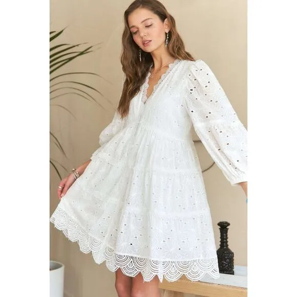 ❤️ADORA Lace Detail Tiered Eyelet V-Neck 3/4 Sleeves Babydoll Mini Dress | White