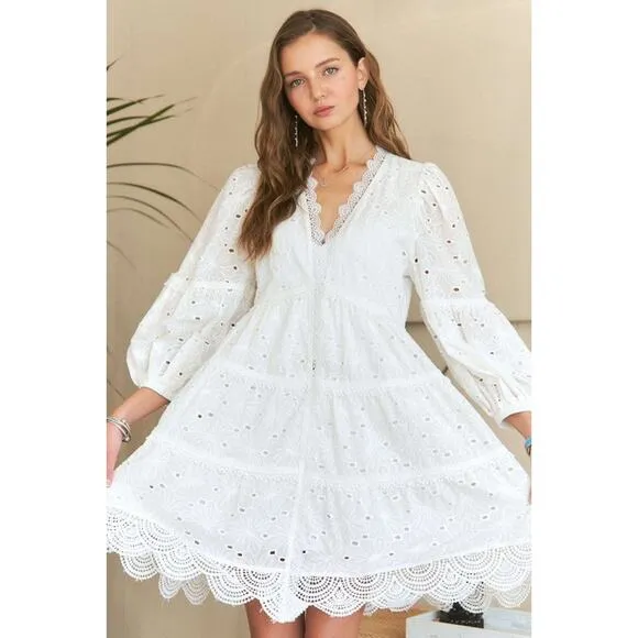 ❤️ADORA Lace Detail Tiered Eyelet V-Neck 3/4 Sleeves Babydoll Mini Dress | White