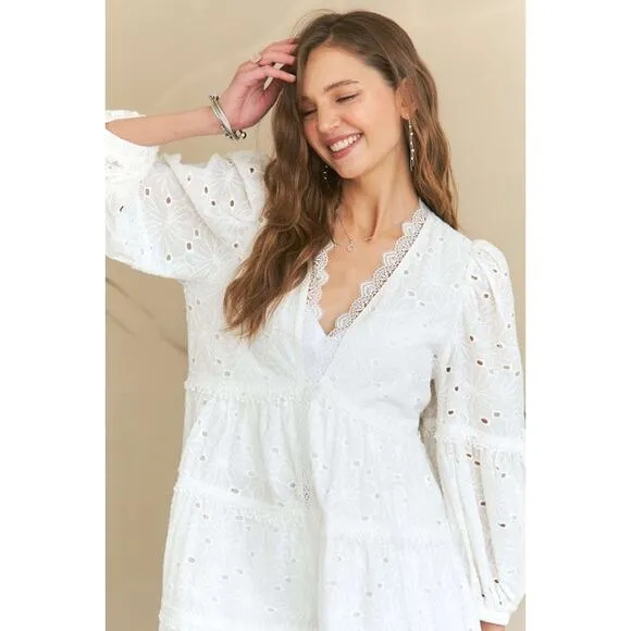 ❤️ADORA Lace Detail Tiered Eyelet V-Neck 3/4 Sleeves Babydoll Mini Dress | White