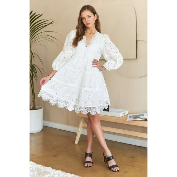 ❤️ADORA Lace Detail Tiered Eyelet V-Neck 3/4 Sleeves Babydoll Mini Dress | White