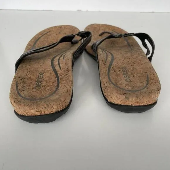 Aetrex Taylor Metallic Leather Cork Footbed Casual Thong Sandals Pewter Gray 6
