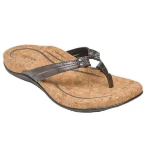 Aetrex Taylor Metallic Leather Cork Footbed Casual Thong Sandals Pewter Gray 6