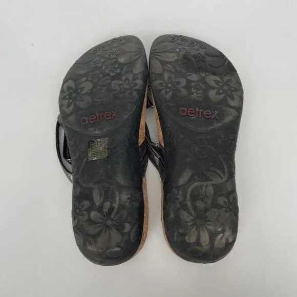Aetrex Taylor Metallic Leather Cork Footbed Casual Thong Sandals Pewter Gray 6