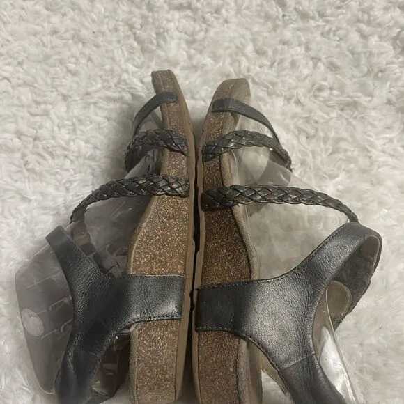 Aetrex Jillian Braided Quarter Strap Metallic Gray Leather sandals SZ7.