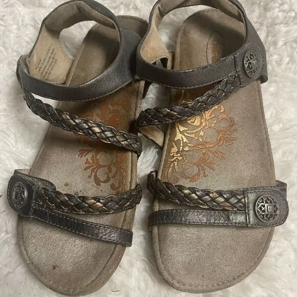 Aetrex Jillian Braided Quarter Strap Metallic Gray Leather sandals SZ7.