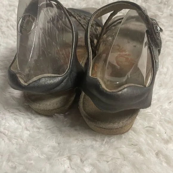 Aetrex Jillian Braided Quarter Strap Metallic Gray Leather sandals SZ7.