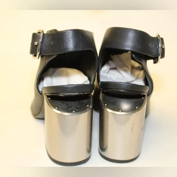 Alexander Wang Leather Peep Toe CHROME block Heeled Buckle Slingback Shoes 8