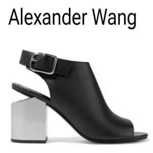 Alexander Wang Leather Peep Toe CHROME block Heeled Buckle Slingback Shoes 8