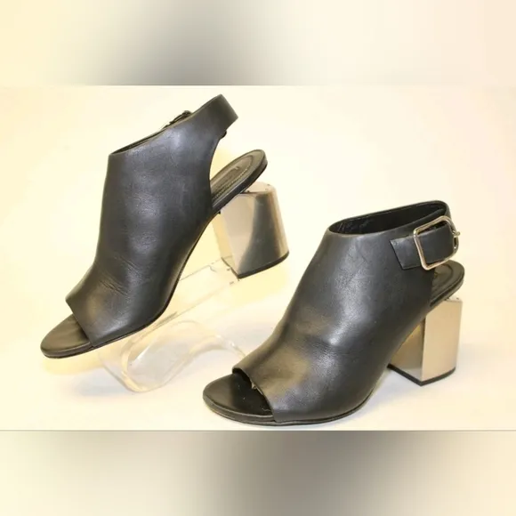 Alexander Wang Leather Peep Toe CHROME block Heeled Buckle Slingback Shoes 8