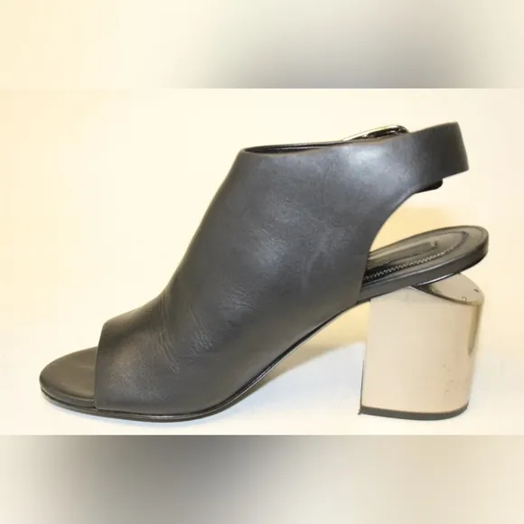 Alexander Wang Leather Peep Toe CHROME block Heeled Buckle Slingback Shoes 8