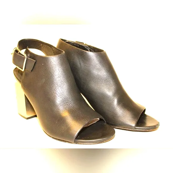 Alexander Wang Leather Peep Toe CHROME block Heeled Buckle Slingback Shoes 8