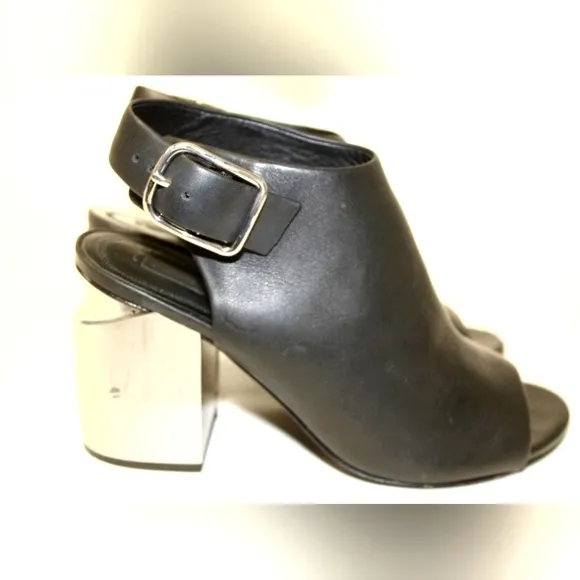 Alexander Wang Leather Peep Toe CHROME block Heeled Buckle Slingback Shoes 8