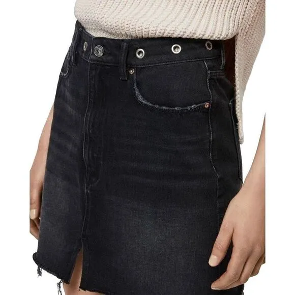 ALLSAINTS Lila Eyelet Grommet Waist Denim Mini Skirt Black US Size 8 NWT