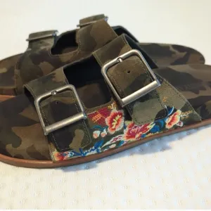 &quot;Johnny Was&quot; Leather Embroidered Camo Sandals NWOB