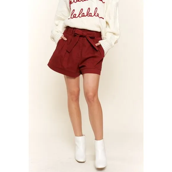 And The Why Paperbag Waist Ribbon Belt Side Pockets Oversized Shorts | Burgundy