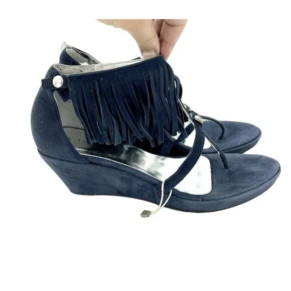 Andrea Morelli Navy Blue Suede Leather Fringe Wedge Sandals SZ 39 EU 8.5 US NIB