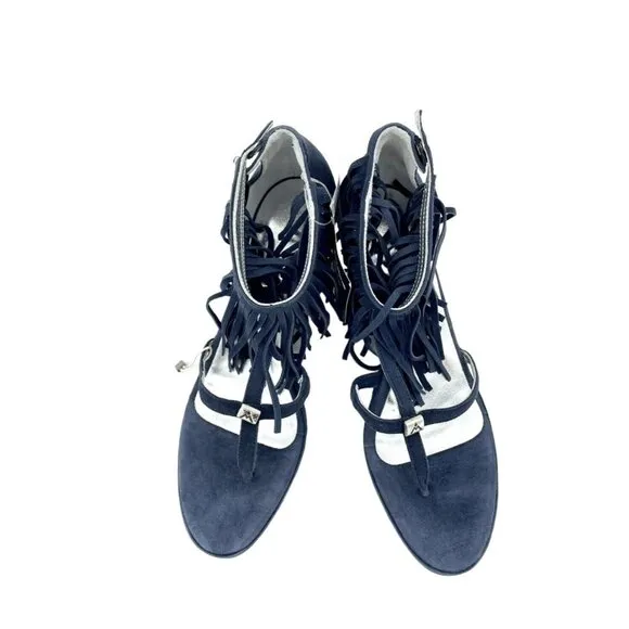 Andrea Morelli Navy Blue Suede Leather Fringe Wedge Sandals SZ 39 EU 8.5 US NIB