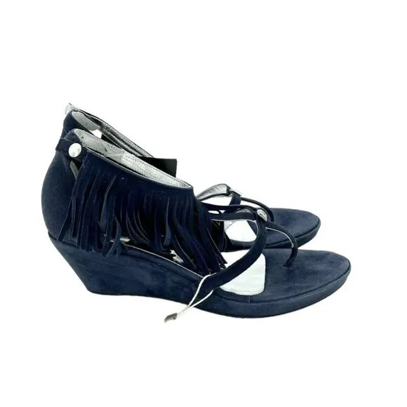 Andrea Morelli Navy Blue Suede Leather Fringe Wedge Sandals SZ 39 EU 8.5 US NIB