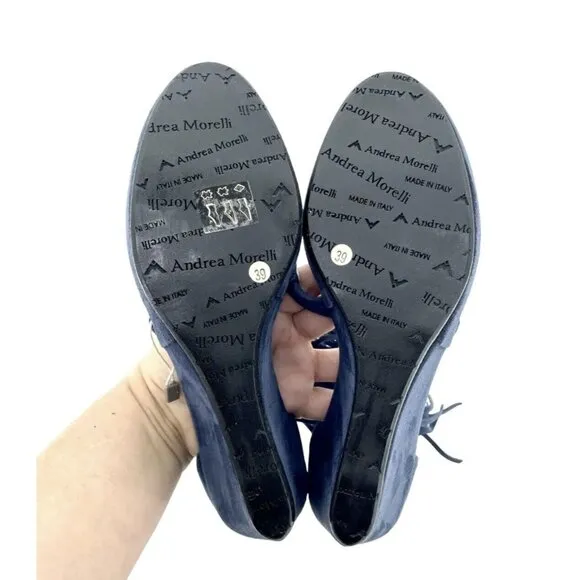 Andrea Morelli Navy Blue Suede Leather Fringe Wedge Sandals SZ 39 EU 8.5 US NIB