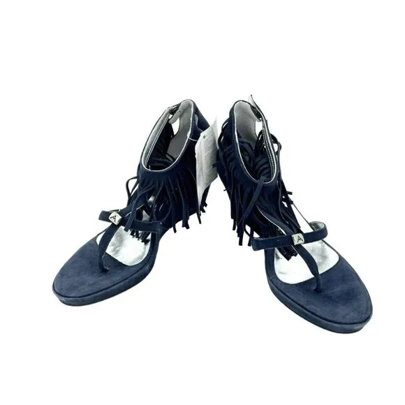 Andrea Morelli Navy Blue Suede Leather Fringe Wedge Sandals SZ 39 EU 8.5 US NIB