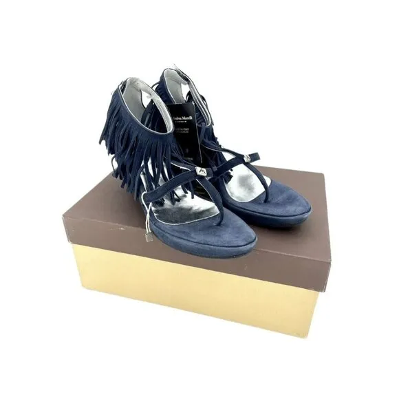 Andrea Morelli Navy Blue Suede Leather Fringe Wedge Sandals SZ 39 EU 8.5 US NIB