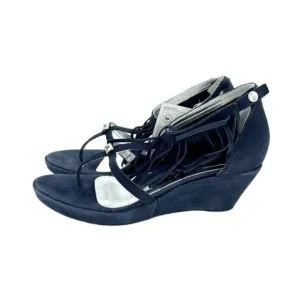 Andrea Morelli Navy Blue Suede Leather Fringe Wedge Sandals SZ 39 EU 8.5 US NIB