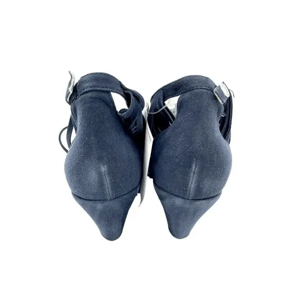 Andrea Morelli Navy Blue Suede Leather Fringe Wedge Sandals SZ 39 EU 8.5 US NIB