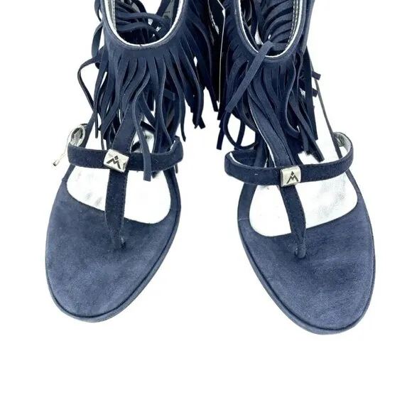 Andrea Morelli Navy Blue Suede Leather Fringe Wedge Sandals SZ 39 EU 8.5 US NIB