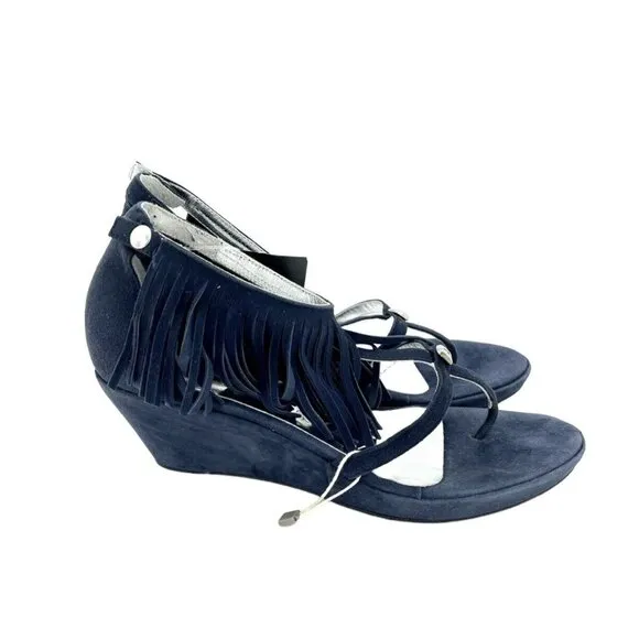 Andrea Morelli Navy Blue Suede Leather Fringe Wedge Sandals SZ 39 EU 8.5 US NIB