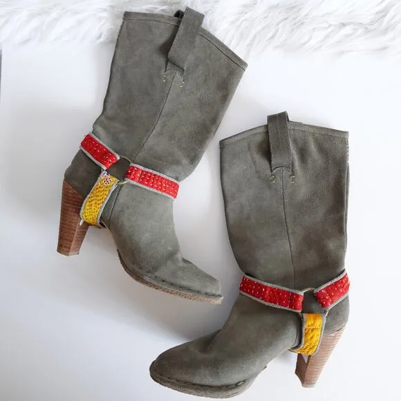 Anthropologie Terra Plana Grey Suede Interchangeable Harness Cowboy Boots