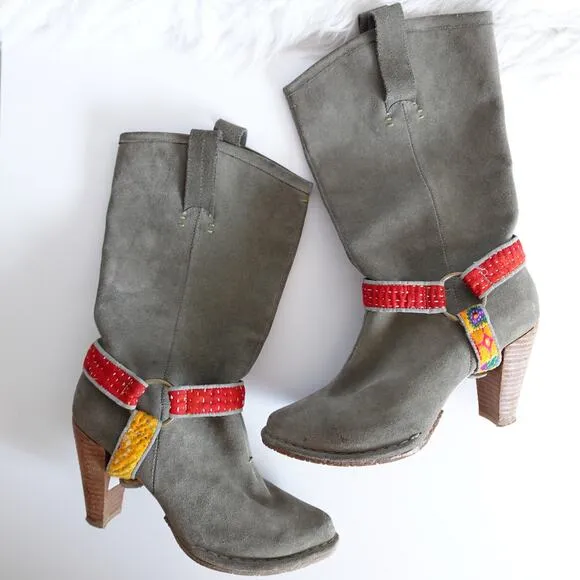 Anthropologie Terra Plana Grey Suede Interchangeable Harness Cowboy Boots