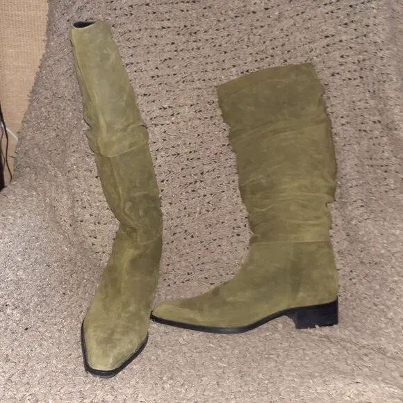 AQUATALIA-Green Suede-Knee-High-Snip Toe Slouch Boots-Size 9-Excellent