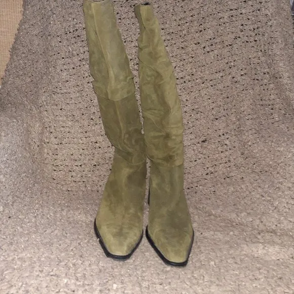 AQUATALIA-Green Suede-Knee-High-Snip Toe Slouch Boots-Size 9-Excellent